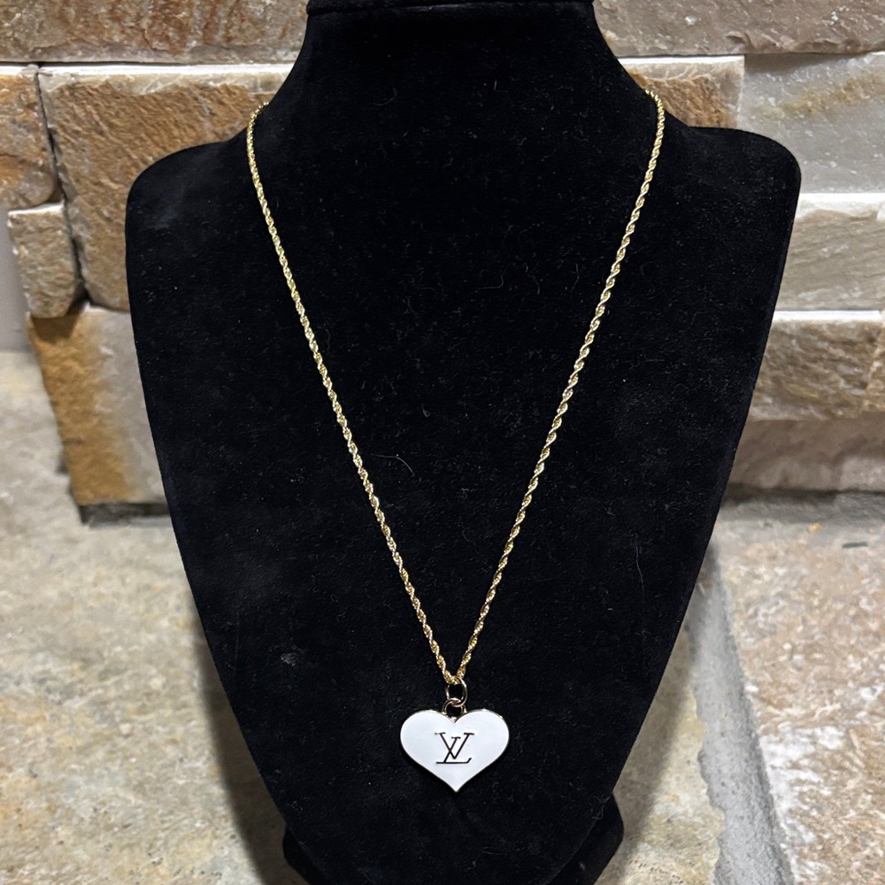 LV Gold & White Heart Pendant Necklace